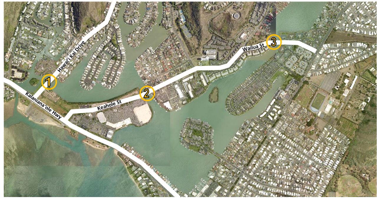 Satellite image showing the location of three bridges in Hawai‘i Kai to be repaired: (1) Hawai‘i Kai Drive Bridge, (2) Keahole Street Bridge, and (3) Wailuā Street Bridge (Map courtesy of City and County of Honolulu Department of Design and Construction)