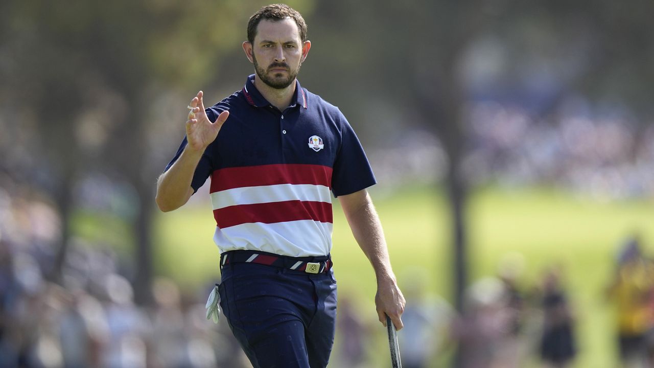 Patrick Cantlay reacted to the crowd on the first green during a Ryder Cup match at Marco Simone Golf Club in Guidonia Montecelio, Italy, on Oct. 1.