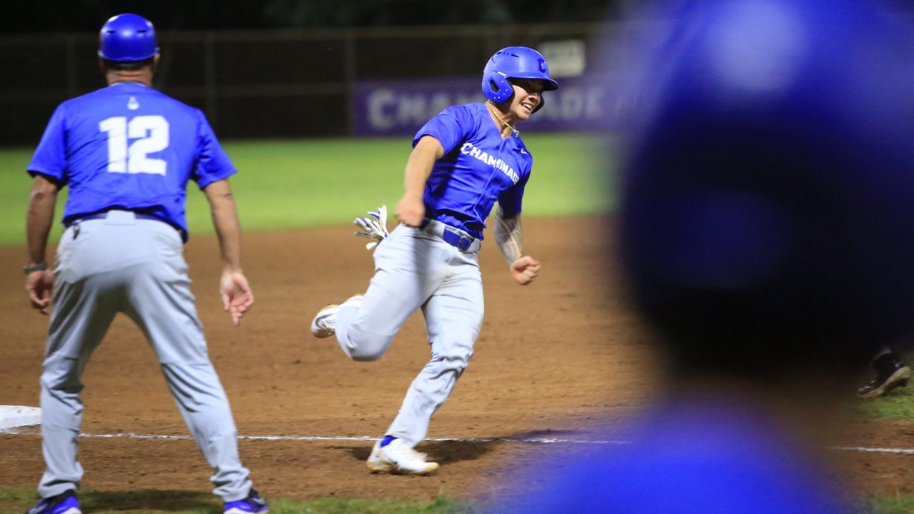 Chaminade freshman Aydan Lobetos, a Kamehameha graduate, rounded third base and scored in the second inning of a 9-6 win over Cal State Los Angeles, the first win for the resurrected program in its 2024 season.