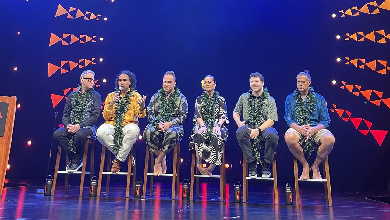 From left to right: Director Neil Dorward, Cultural Creative Producer Aaron J. Salā, Costume Designer Carrington Manaola Yap, Choreographer Kumu Hula Hiwa Vaughan, Composer Evan Duffy, and Linguist R. Keao NeSmith. (Spectrum News/Michelle Broder Van Dyke)