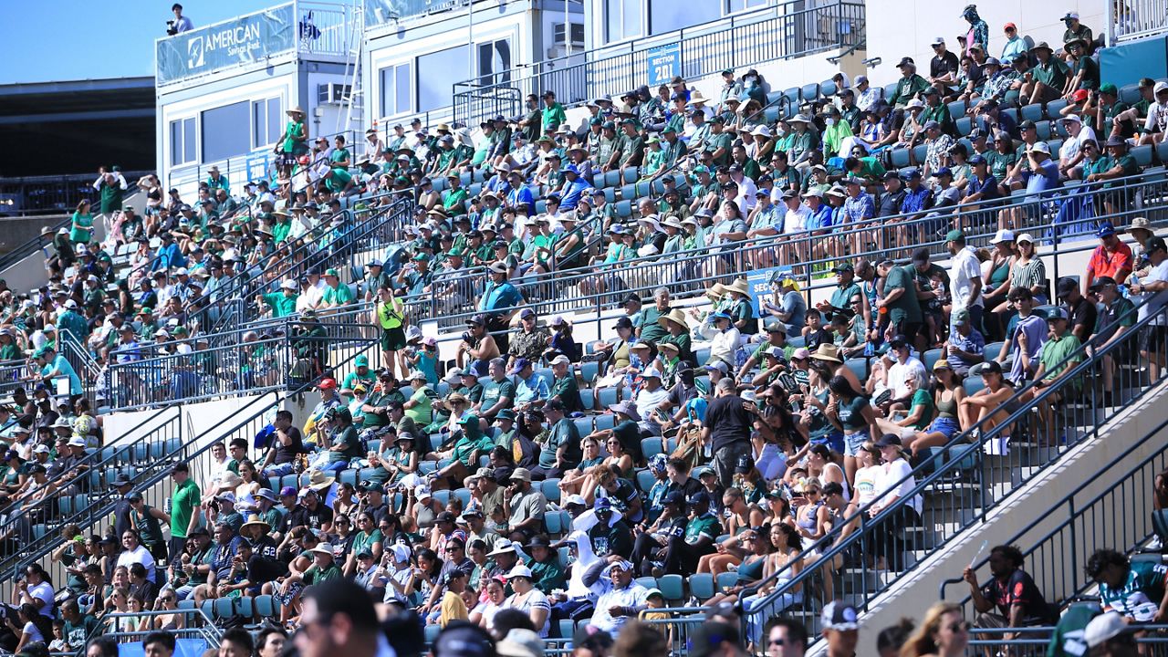 Fans packed the Clarence T.C. Ching Athletics Complex mauka stands for the Hawaii football spring game in April 2022. (Spectrum News/Brian McInnis)