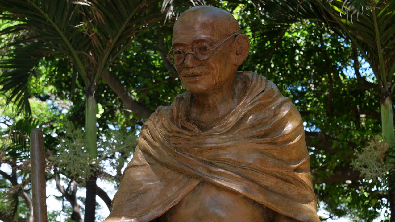 In 2023, the Mahatma Gandhi statue, at the corner of Kalakaua Avenue and Kapahulu Avenue, fell from its base (Photo courtesy of the City and County of Honolulu)