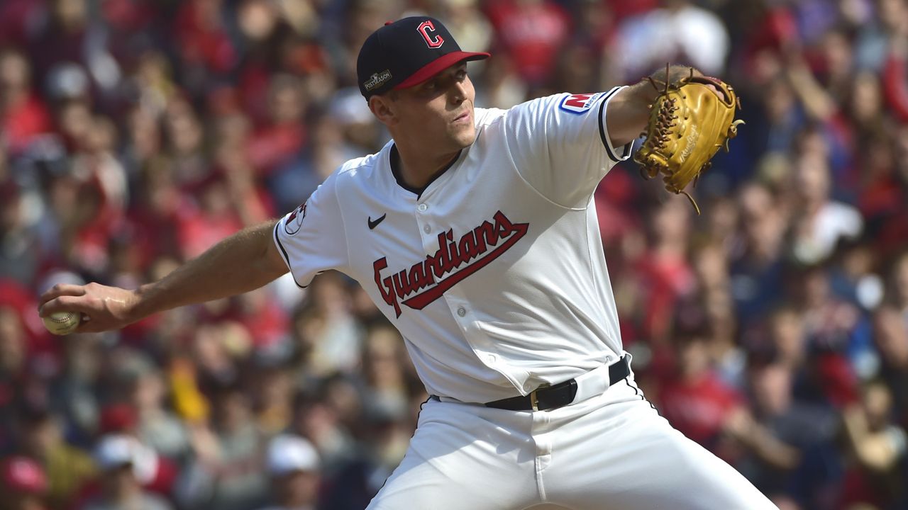 Cleveland Guardians relief pitcher Cade Smith, a University of Hawaii alumnus, threw in the third inning during Game 5 of the ALDS against the Detroit Tigers in Cleveland on Saturday.