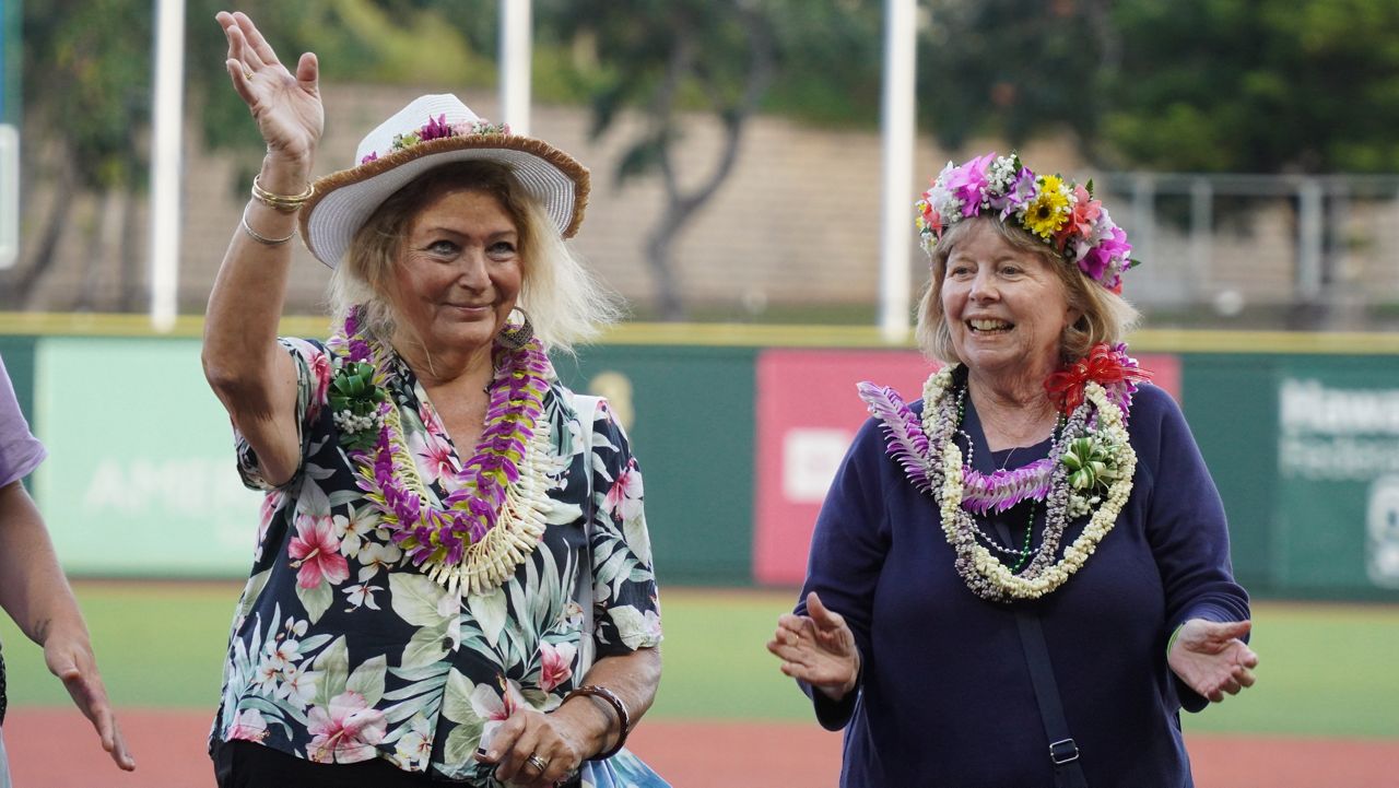 Cindy Luis, left, and Ann Miller were the first sportswriters inducted into the UH Sports Circle of Honor over the weekend.