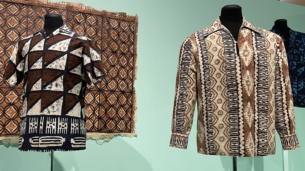 From left to right: Tori Richard bark cloth-style aloha shirt, 1960; Tori Richard bark cloth-style long-sleeved pullover aloha shirt, 1968; and Sandwich Isles Honolulu sport coat, late 1960s. (Spectrum News/Michelle Broder Van Dyke)
