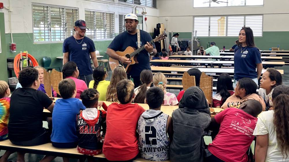 The Hōkūleʻa crew has been engaging with elementary school students throughout the week prior to the voyaging canoe's arrival at Hukilau Bay. (Photo courtesy of the Polynesian Voyaging Society)