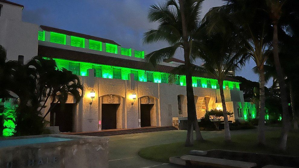 Honolulu Hale Illuminated in Green for Mental Health Awareness Month