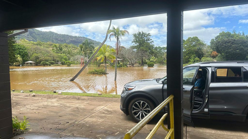 Flooded Wailua River near Smith's Tropical Paradise, Kauai County, Friday, April 12, 2024. Recent heavy rainfall had caused flooding throughout many areas of the island. (Photo courtesy of Kauai County via AP)