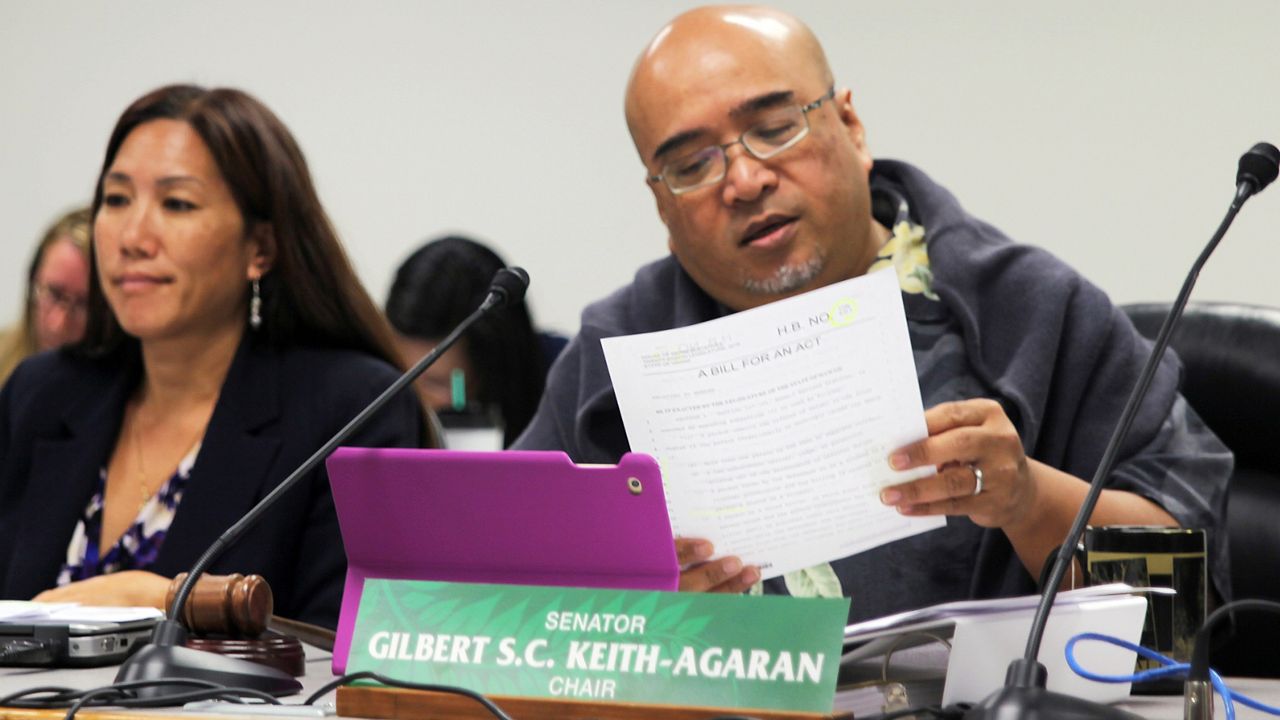 Hawaii state Sen. Gilbert Keith-Agaran during a hearing Wednesday, March 30, 2016, at the Capitol in Honolulu. (AP Photo/Marina Riker)