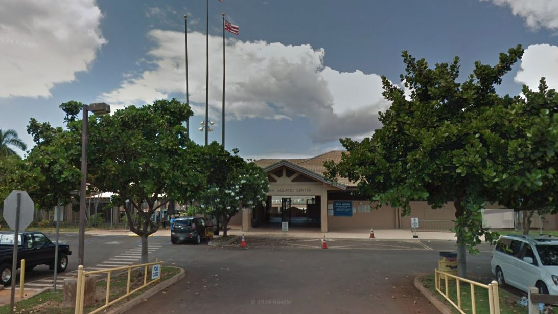 The eight-lane swimming pool was full of debris and ash following the Aug. 8, 2023, wildfire.  (Google Street View)