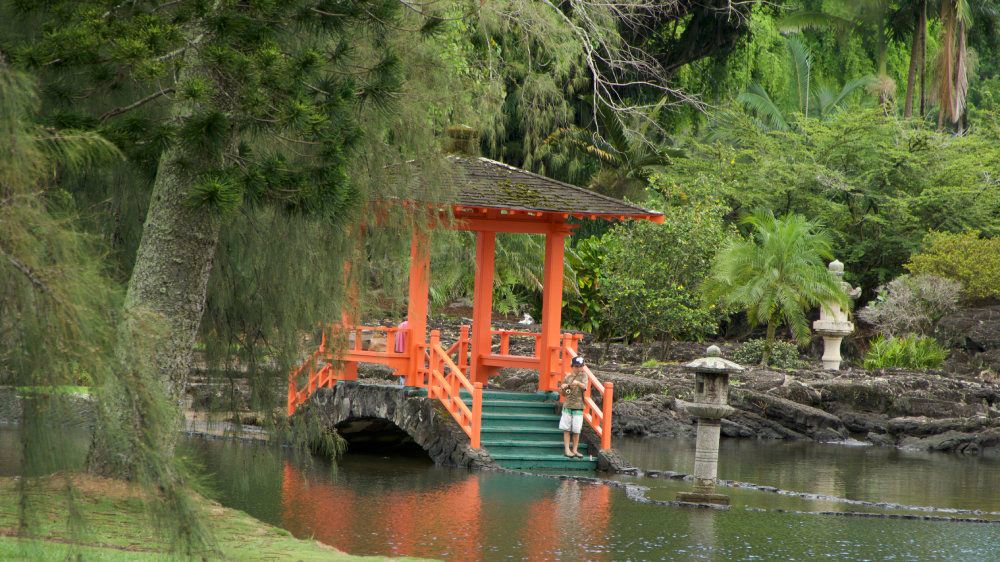 The orange bridge and pavilion will be replaced with a newly built one of the same design. The stone bridge will remain. (Spectrum News/Sarah Yamanaka)