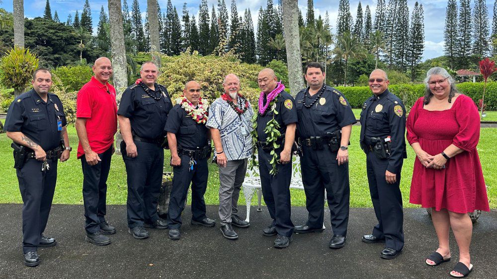 Pictured left to right in Hilo: Major Scott Amaral, MADD volunteer Kurt Kendro, Chief Benjamin Moszkowicz, Officer Jason Miyashiro, Traffic Services Manager Torey Keltner, Officer Lawrence Kobayashi, Deputy Chief Reed Mahuna, Major Jeremie Evangelista and MADD Coordinator Kim Isaak. (Photo courtesy of the Hawaii Police Department)