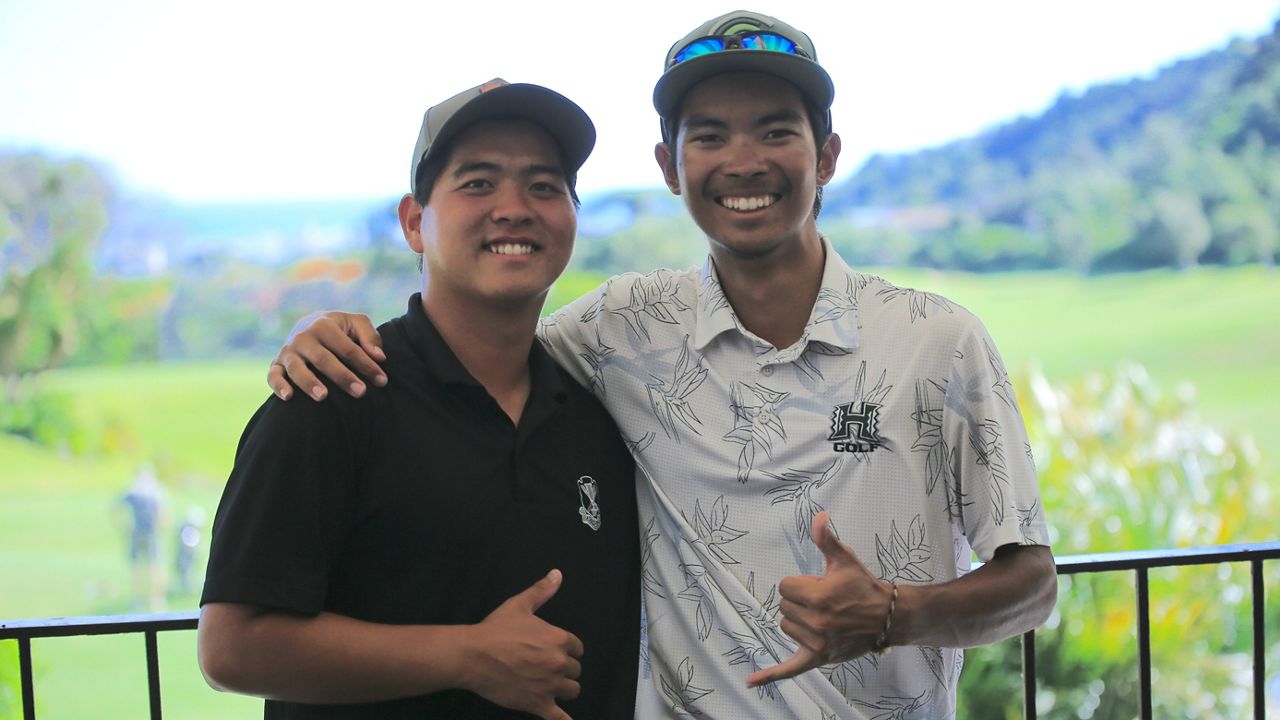 University of Hawaii golf teammates Joshua Hayashida, left, and Anson Cabello, seen Friday, played a thriller of a Manoa Cup open championship final on Oahu Country Club on Saturday.