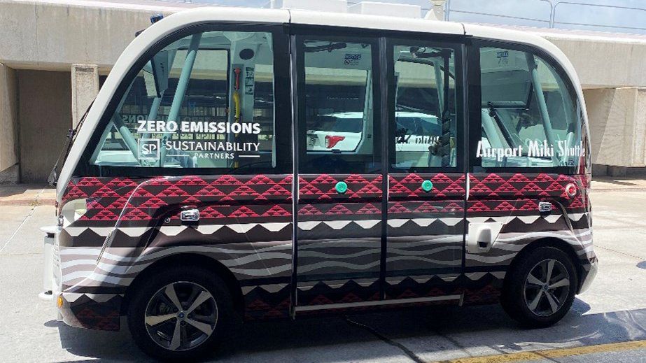 Miki, the fleet of four electric passenger shuttles, launches today, April 17, at the Daniel K. Inouye International Airport. (Photo by Hawaii Department of Transportation)