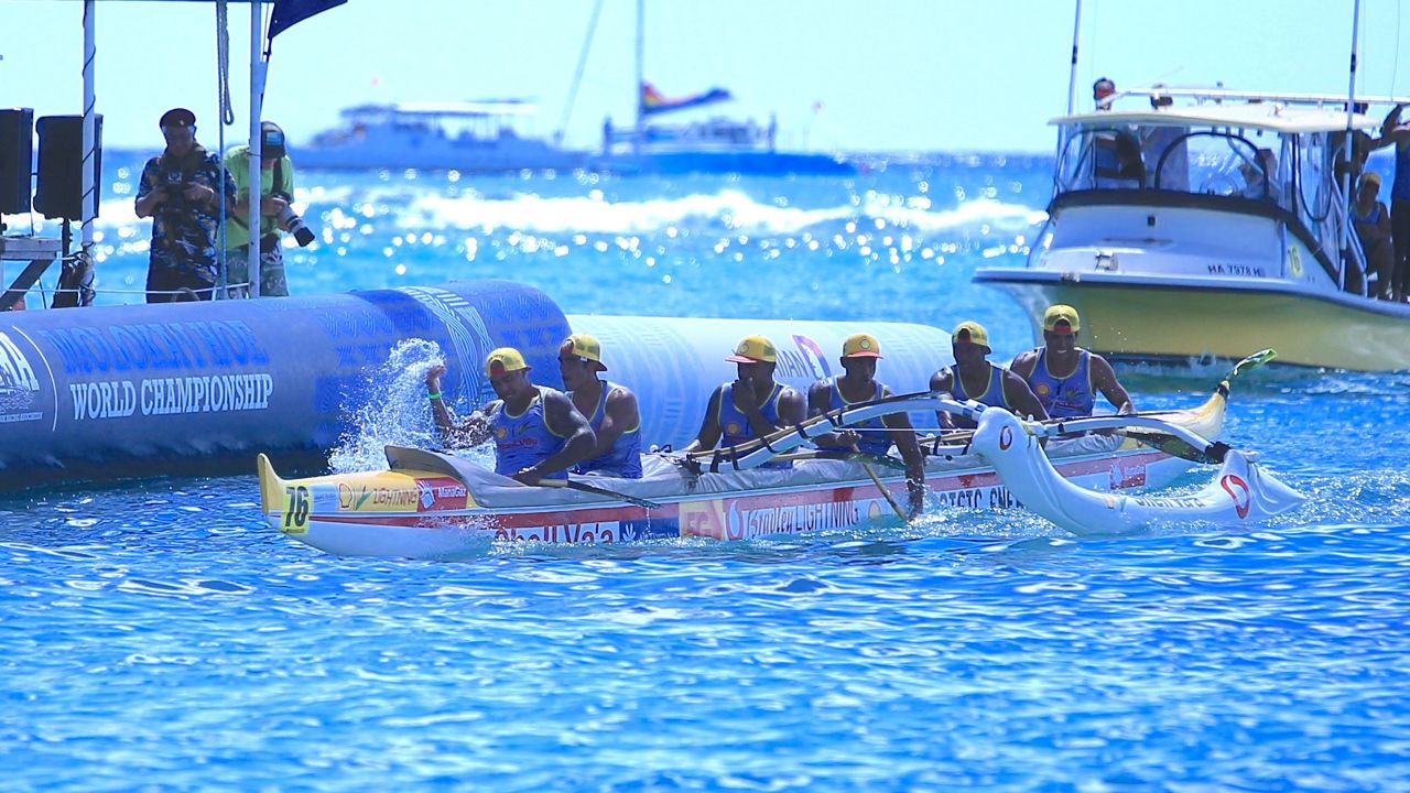 Members of Shell Va‘a of Tahiti celebrated as they completed the Molokai Hoe by crossing the finish buoy at Kahanamoku Beach in Waikiki on Sunday.