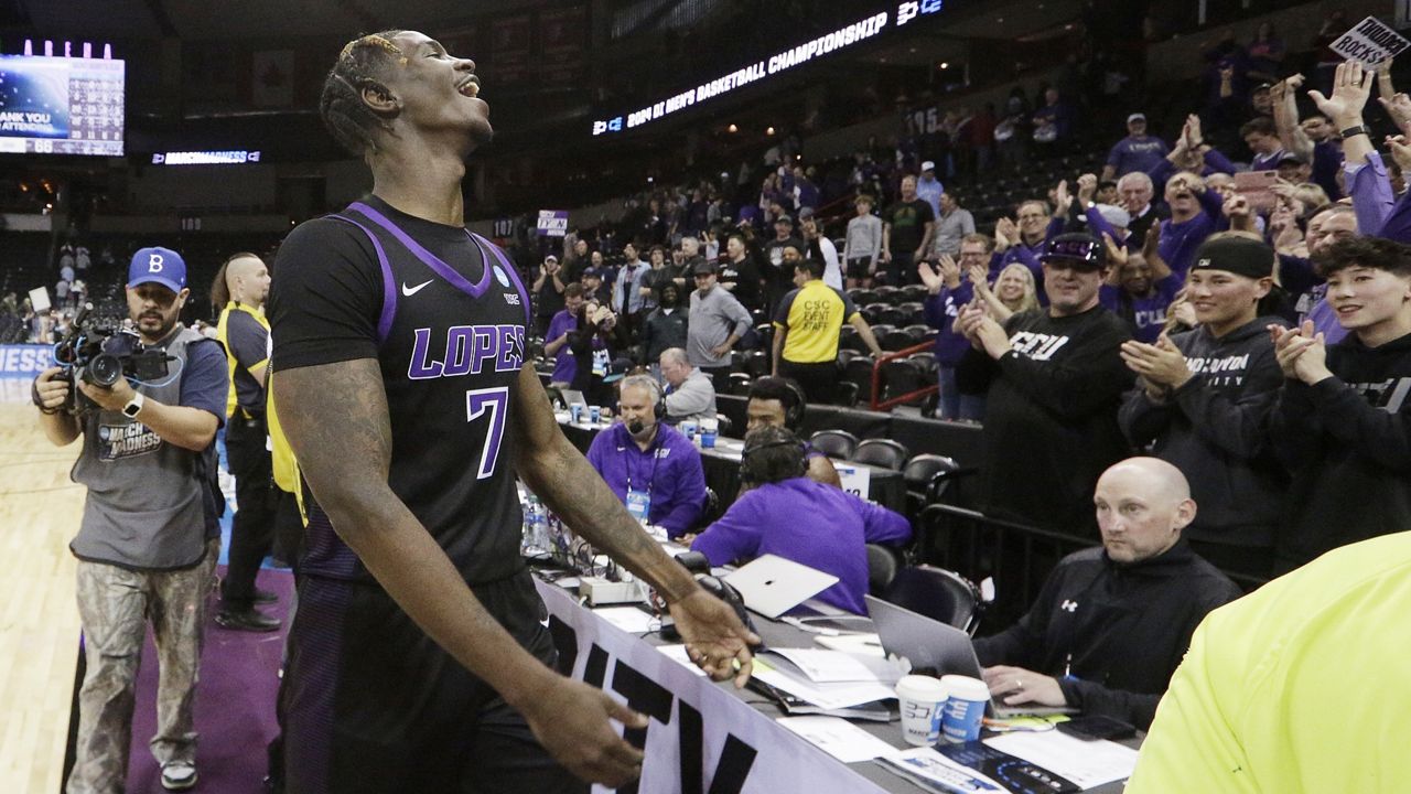 Grand Canyon guard Tyon Grant-Foster celebrated with fans after the team's win against Saint Mary's in a first-round NCAA Tournament game in Spokane, Wash., on March 22.