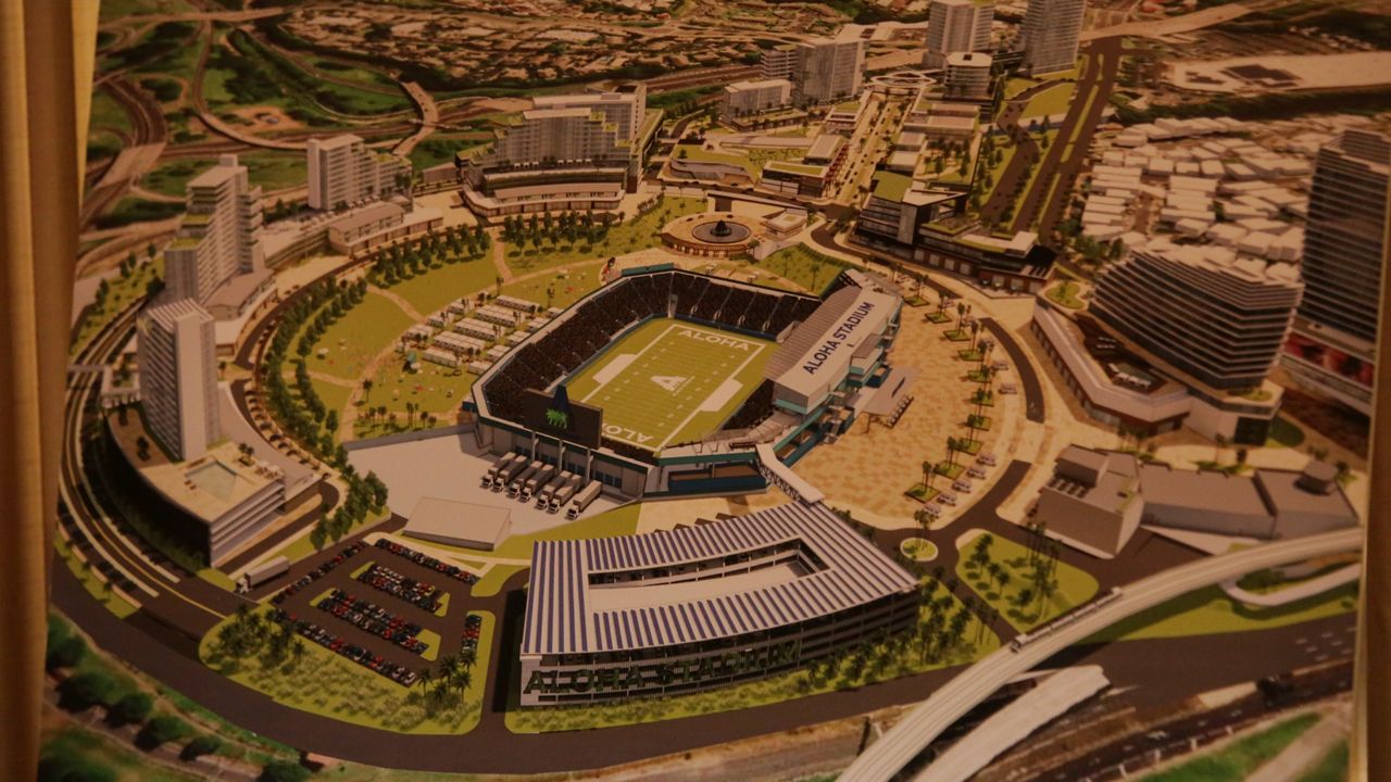 A mock-up of the New Aloha Stadium Entertainment District presented at a December press briefing in Gov. Josh Green's Capitol chambers.