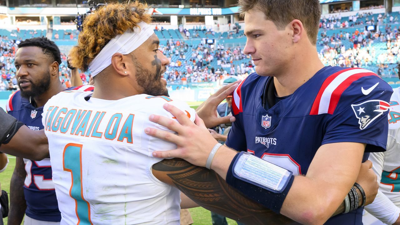 Miami Dolphins quarterback Tua Tagovailoa, left, and New England Patriots quarterback Drake Maye talked on the field after the Dolphins won at Hard Rock Stadium in Miami Gardens, Fla., on Sunday.