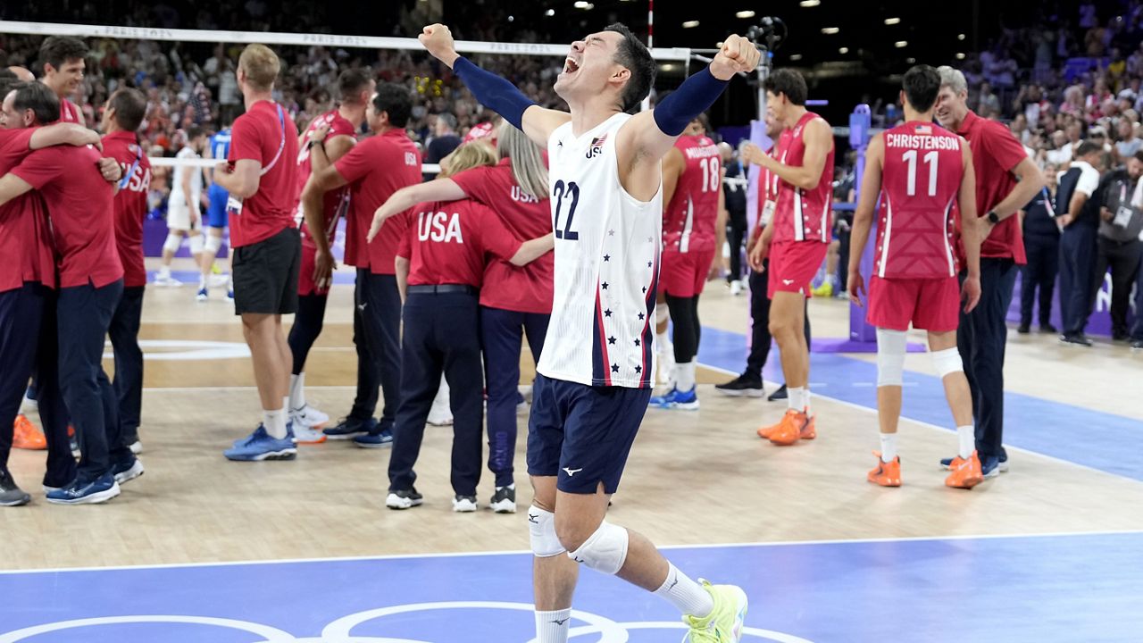 Erik Shoji celebrated at the end of the Olympic men's volleyball bronze medal match between Italy and the U.S. in Paris on Friday.