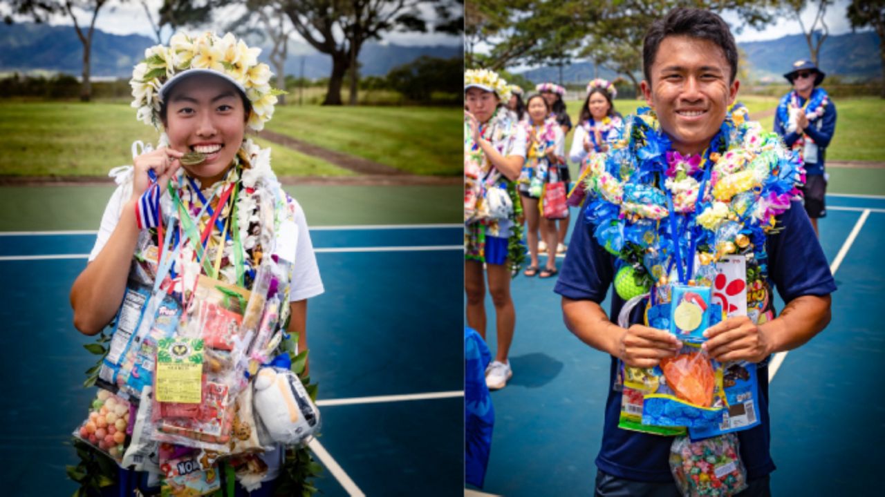 Moanalua's Ashley Kurizaki, left, and Punahou's Payton Jim On were the HHSAA girls and boys tennis singles champions at Central Oahu Regional Park on Saturday.