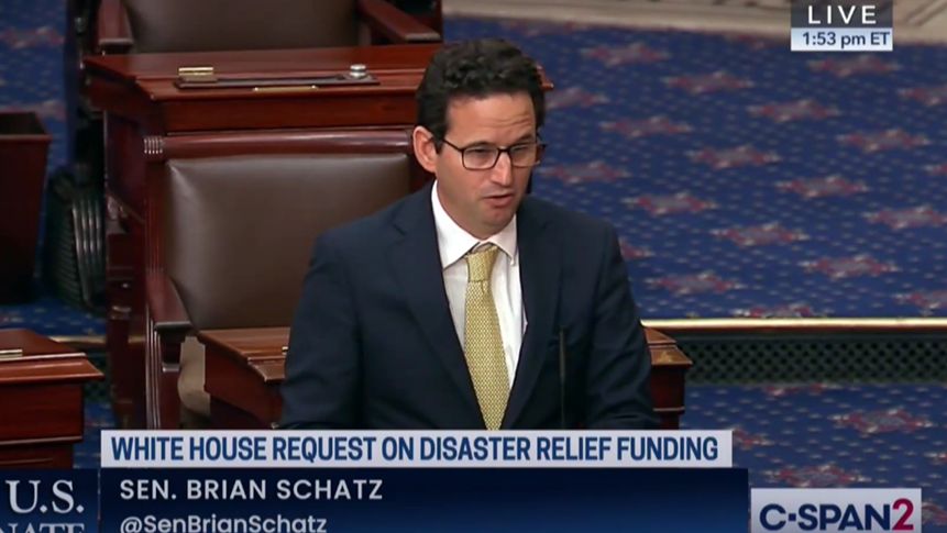 U.S. Sen. Brian Schatz took to the Senate floor earlier this month to urge Congress to approve new disaster relief funding. (Photo courtesy of the Office of U.S. Sen. Brian Schatz)