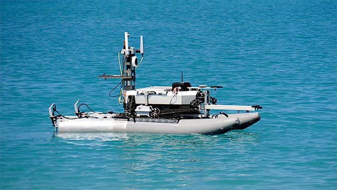 Uncrewed surface vessel at Sand Island. (Photo courtesy of the University of Hawaii)