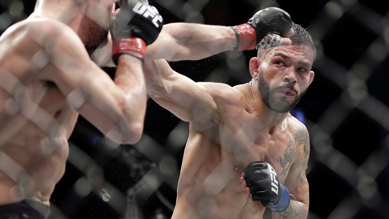 Dan Ige, right, seen fighting Mirsad Bektic in a featherweight fight at UFC 247 in February of 2020. Ige stepped up as a replacement fighter to face Diego Lopes in a catchweight fight on the main card of UFC 303 in Las Vegas on Saturday.