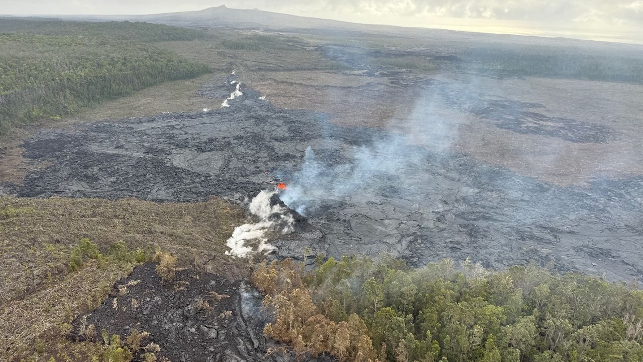 During a USGS Hawaiian Volcano Observatory monitoring overflight on Wednesday morning, geologists observed only very weak activity at Kilauea's middle East Rift Zone eruption site in Nāpau Crater. (Photo courtesy USGS/M.Patrick) 