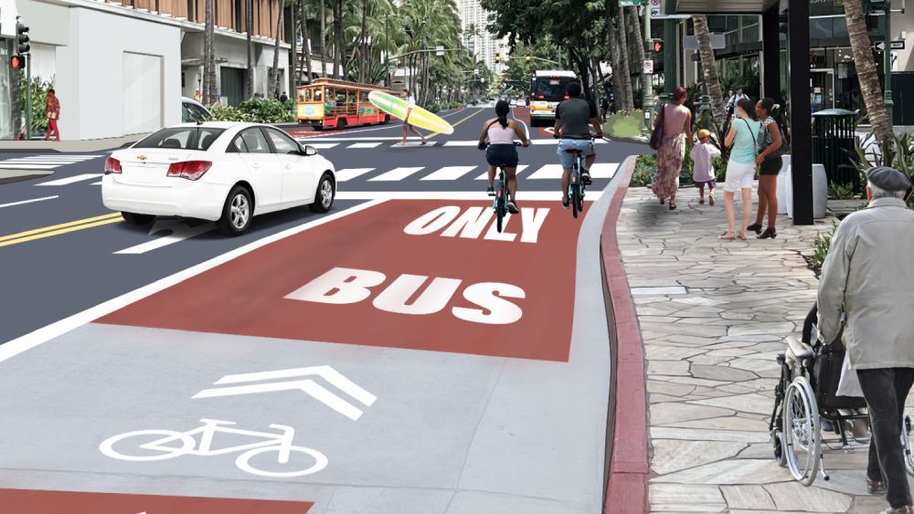 A rendering of the Kuhio bus-only lane headed westbound on the mauka side of Kuhio Avenue. (Photo courtesy of the Department of Transportation Services)