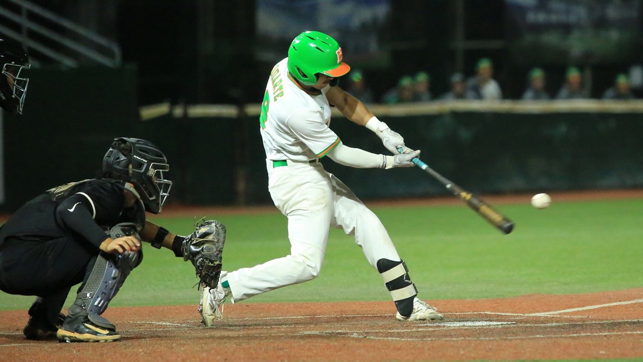 Hawaii catcher Dallas Duarte, seen at the plate against Hawaii Pacific on April 2, knocked in the go-ahead run in the 10th inning at UC San Diego in La Jolla, Calif., on Friday night.