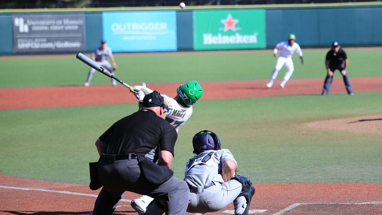 Hawaii center fielder Matthew Miura ripped a two-run single to left field in the eighth inning of a win over Holy Cross on Sunday. He completed a torrid series with a 3-for-5 outing with three more RBIs on Monday.