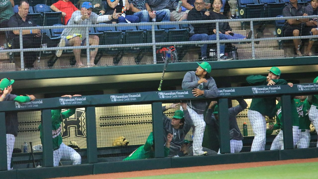 Hawaii baseball players ducked for cover when San Diego State's Colby Turner lost control of his bat on a swing and it sailed into the protective netting in front of the third-base seats, and dropped into the UH dugout on Friday, March 22, 2024. (Spectrum News/Brian McInnis)