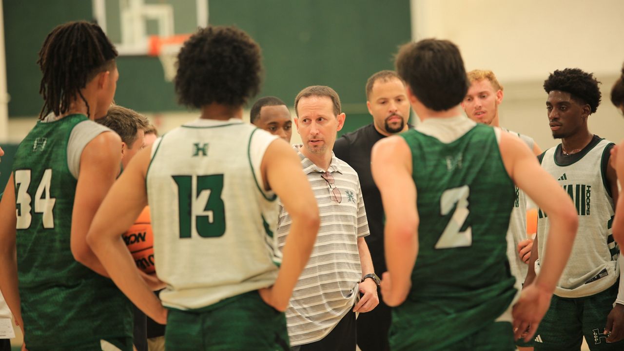 The 2024-25 Hawaii men's basketball team, seen at its first official preseason practice last month.