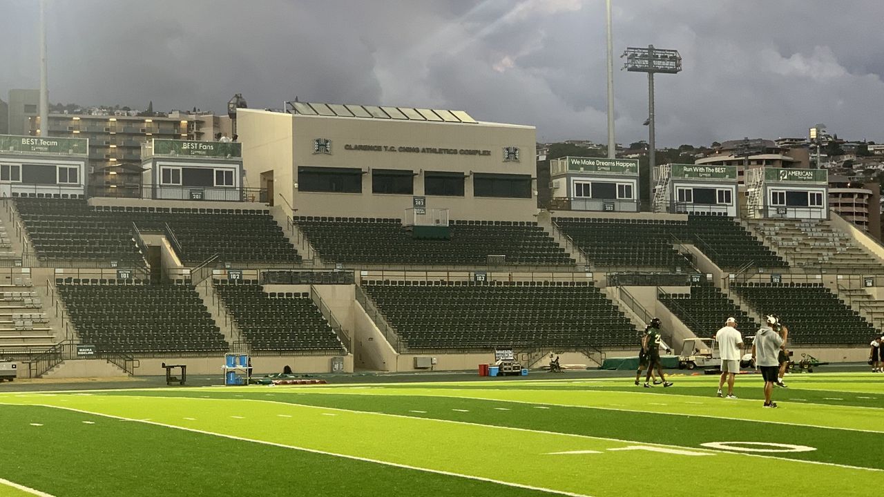 The latest version of the Clarence T.C. Ching Athletics Complex features new green seatbacks installed on the bleacher seats along both sidelines.