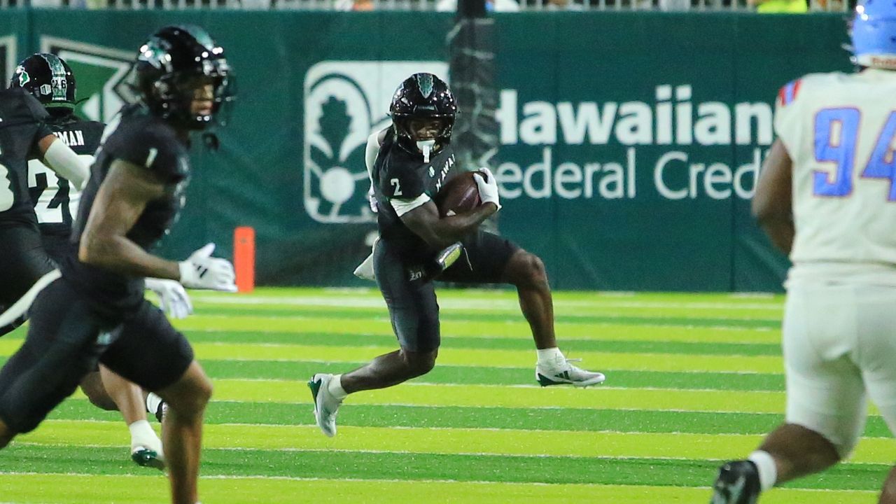 Hawaii punt returner Tylan Hines made a move against Delaware State in the Rainbow Warriors' 2024 season opener on Saturday night.