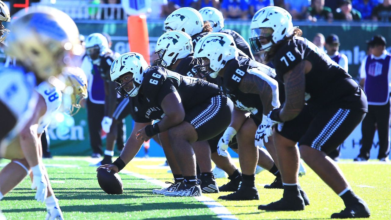 Hawaii center Sergio Muasau (66) and the UH offensive line, seen against UCLA on Aug. 31. Muasau was ejected at Sam Houston with two unsportsmanlike conduct penalties last week.