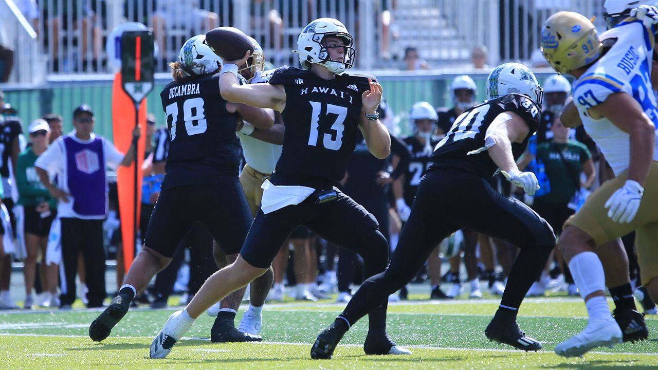 Hawaii quarterback Brayden Schager threw a pass against UCLA in a 16-13 loss at the Clarence T.C. Ching Athletics Complex on Aug. 31.