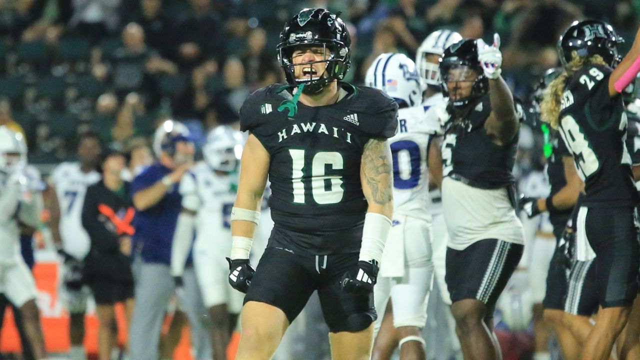 Hawaii senior linebacker Logan Taylor, seen against Nevada on Oct. 26, has been a Rainbow Warrior for five seasons and has spent seven total years as a collegiate football player. He will play his final game in college against New Mexico on senior night at the Clarence T.C. Ching Athletics Complex on Saturday.