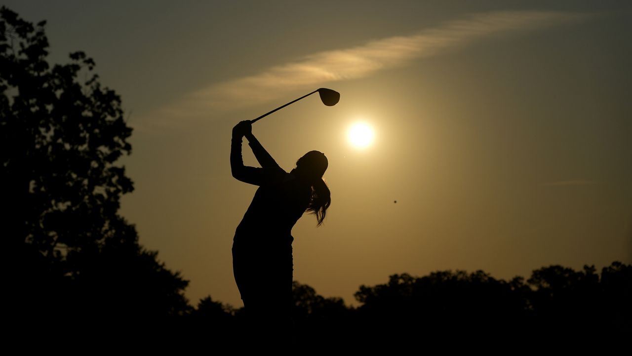 Punahou School graduate Allisen Corpuz hit from the third tee on Day 2 of the Solheim Cup at Robert Trent Jones Golf Club in Gainesville, Va., on Saturday.