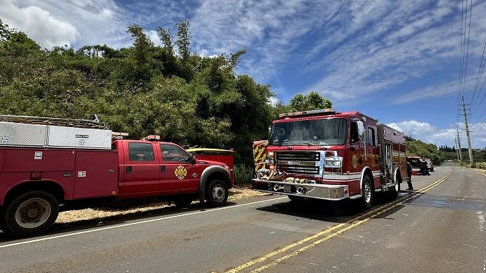 Firefighters remain on scene in response to a brush fire that ignited off Kapaa Bypass Road Tuesday afternoon. (Photo courtesy of Kauai Fire Department)