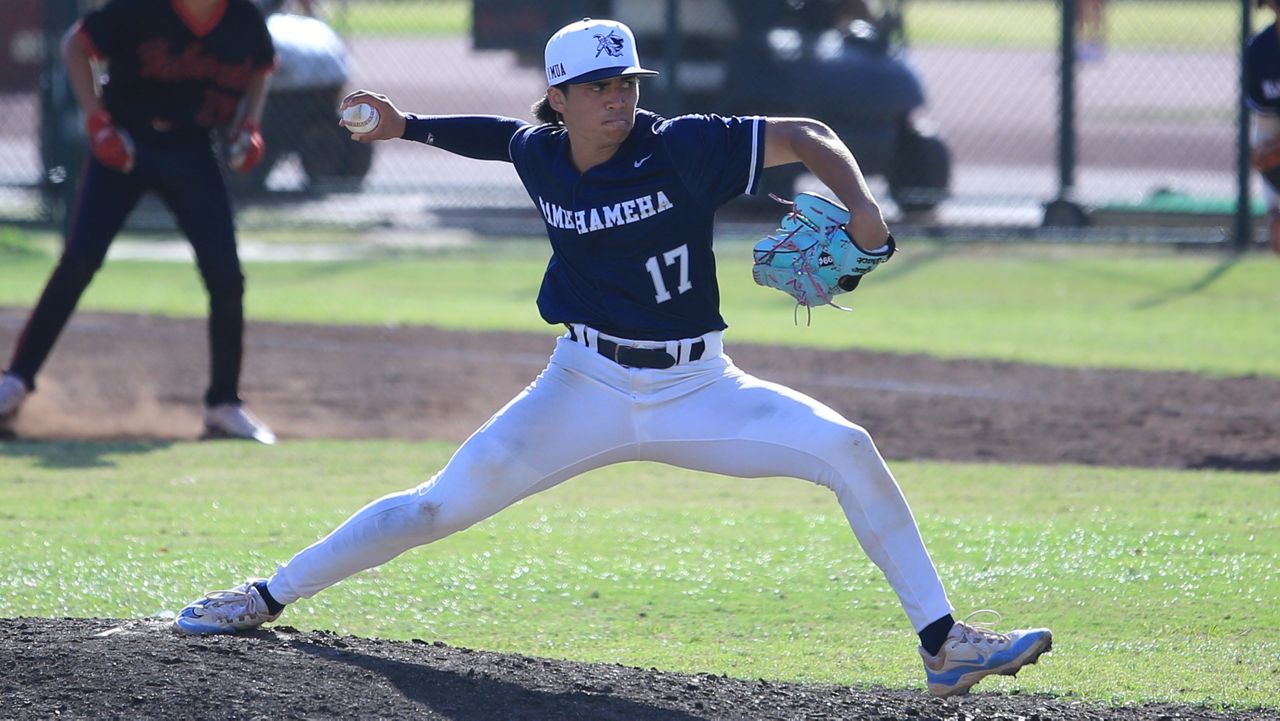 Kamehameha right-hander Greyson Osbun, seen against Iolani earlier in the ILH baseball season, threw a one-hitter in a key win over Saint Louis on Thursday night. 