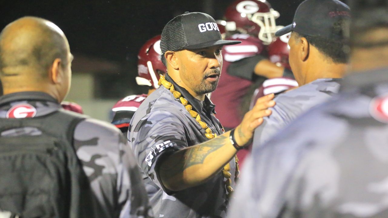 Mike Lafaele celebrated with his assistant coaches after a 41-14 win over Tafuna of American Samoa at Skippa Diaz Stadium on Aug. 16.