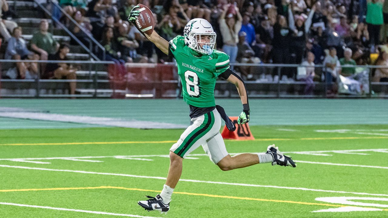 Konawaena receiver Aliimanu Tan had a huge game in the HHSAA Division I semifinals with nine catches for 191 yards and three touchdowns against Leilehua at Julian R. Yates Field in Kona on Friday night.