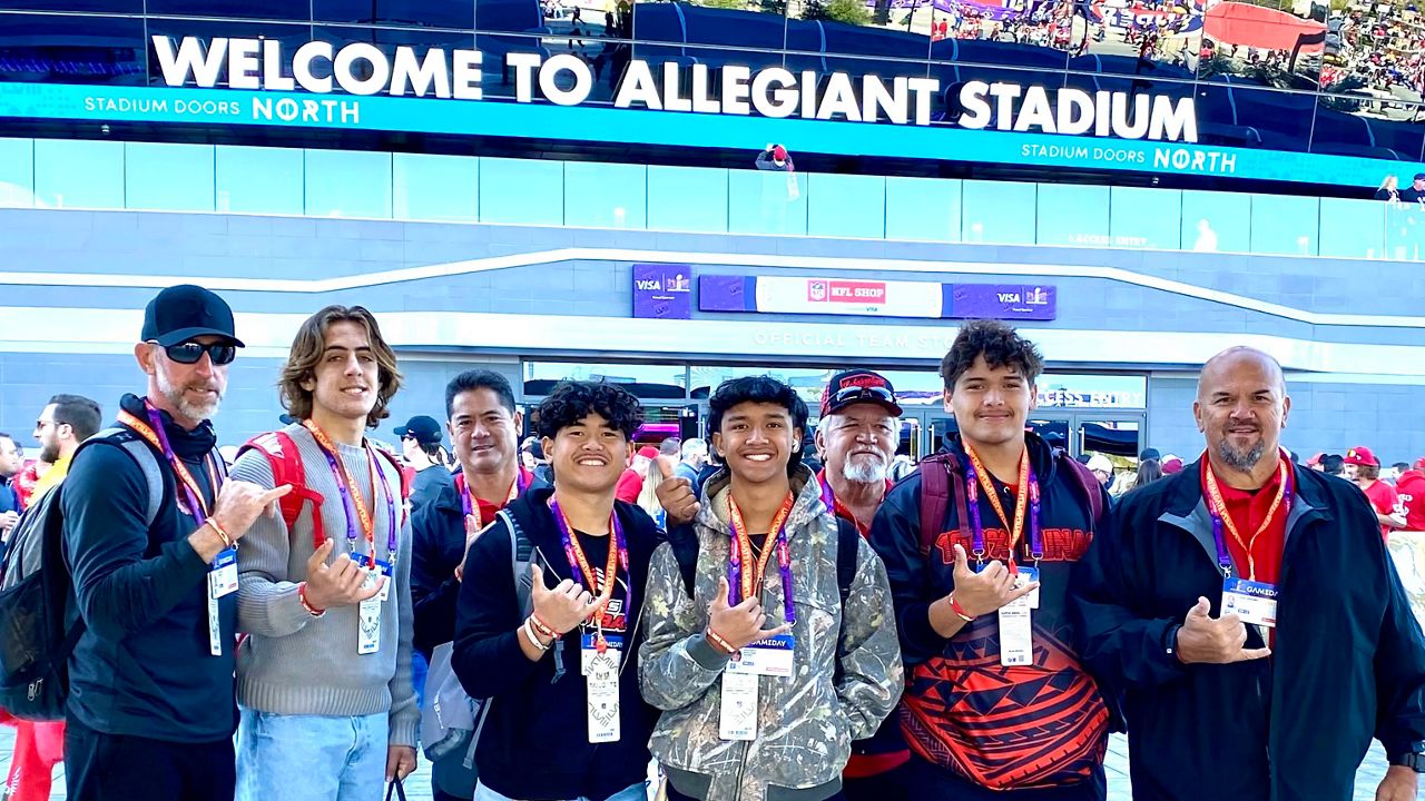 Members of the Lahainaluna High football team at Allegiant Stadium in Las Vegas for the Super Bowl on Sunday. The Lunas were honorary game captains and assistant coach Bobby Watson did the pregame coin flip.