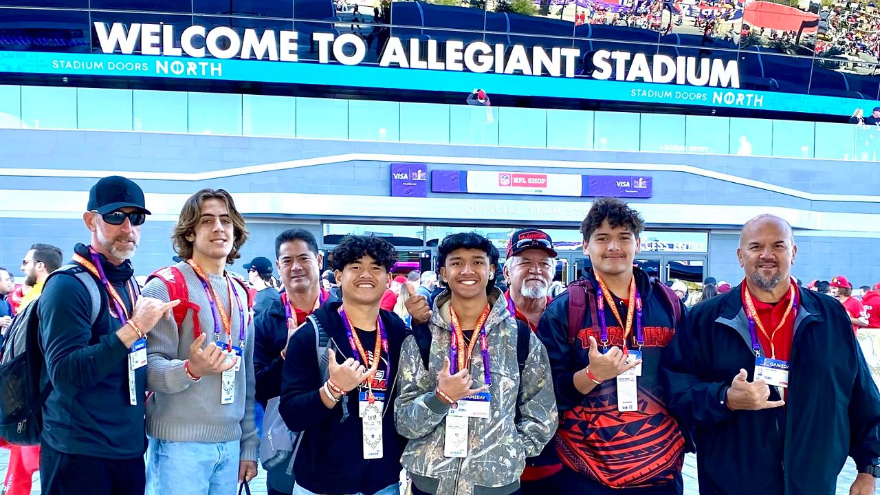 Members of the Lahainaluna High football team at Allegiant Stadium in Las Vegas for the Super Bowl on Sunday. The Lunas were honorary game captains and assistant coach Bobby Watson did the pregame coin flip. (Photo courtesy of Dean Rickard)