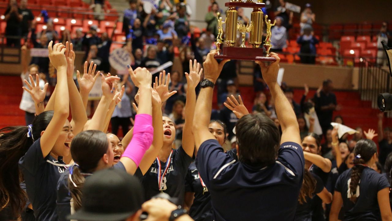 The Kamehameha Warriors raised their 24th HHSAA Division I championship trophy last Friday against Punahou at the Cannon Activities Center.