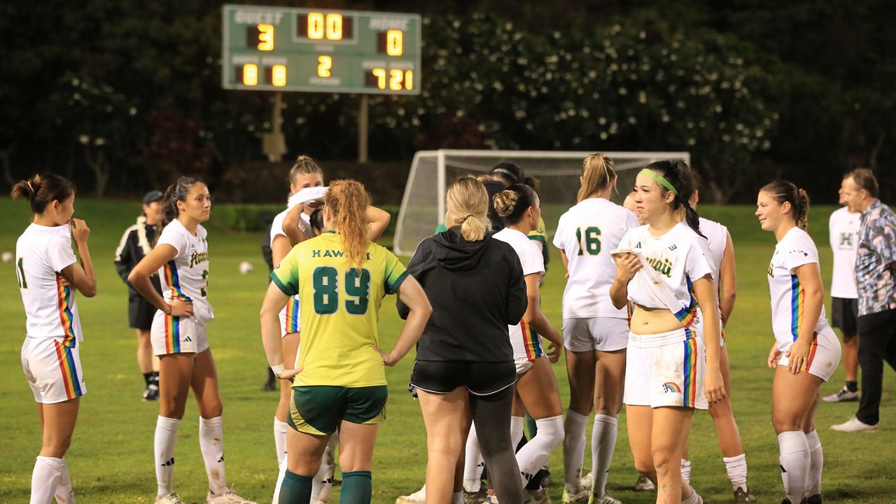 Members of the Hawaii soccer team consoled each other after a 3-0 loss to Cal State Bakersfield in the semifinals of the Big West tournament at Waipio Peninsula Soccer Stadium on Thursday night.