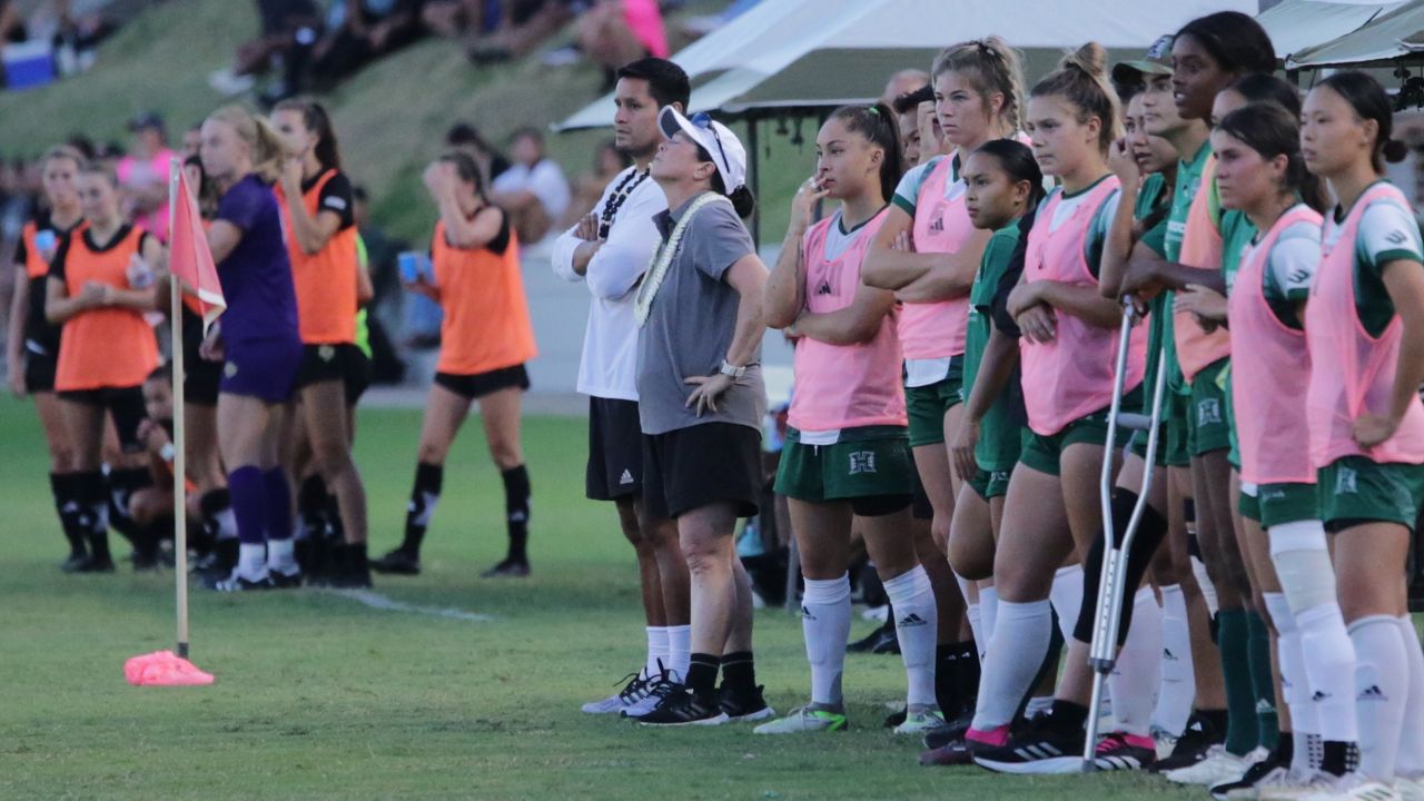 Hawaii soccer coach Michele Nagamine, middle, and the Rainbow Wahine bench reacted as an apparent win turned into a loss into the final minutes of senior night against Cal Poly at Waipio Peninsula Soccer Stadium on Sunday.