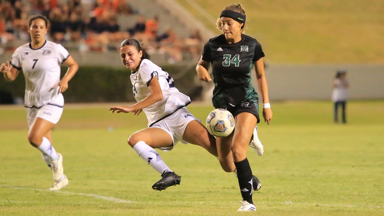 Hawaii freshman Nalani Damacion controlled the ball against Georgia Southern in the 2024 season opener. Damacion has scored the game-winning goal in all three UH victories so far this season.