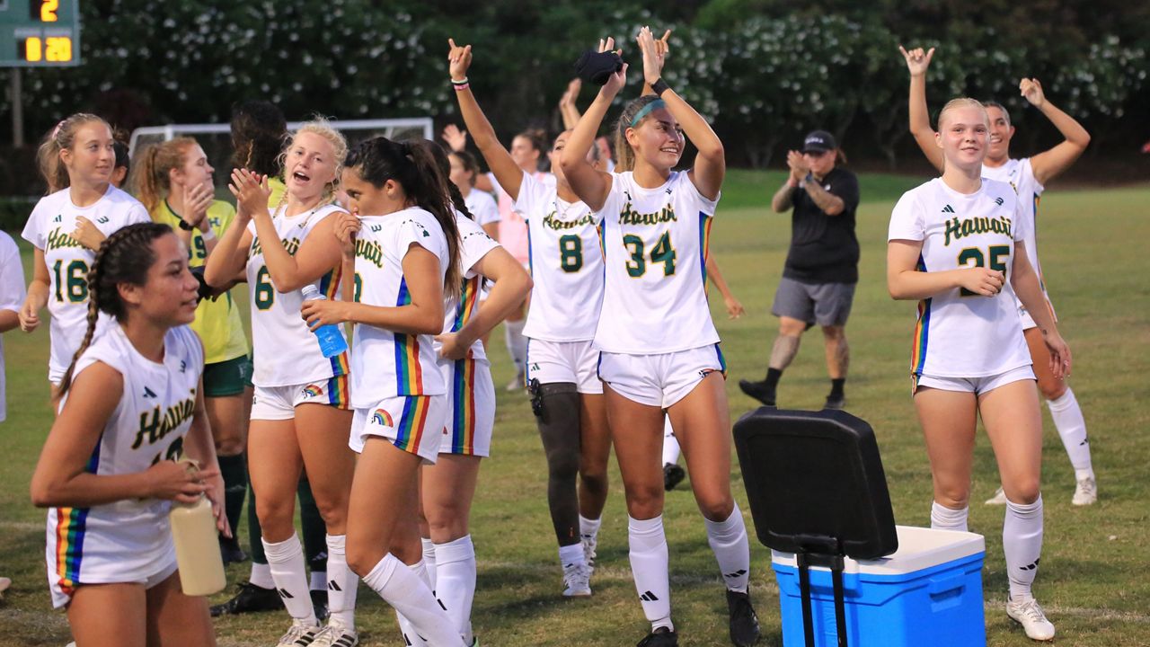 The Hawaii soccer team, seen last week, secured its first Big West regular-season championship with a 2-1 win at UC Santa Barbara on Sunday. Freshman Nalani Damacion (34) had the game-winner. 